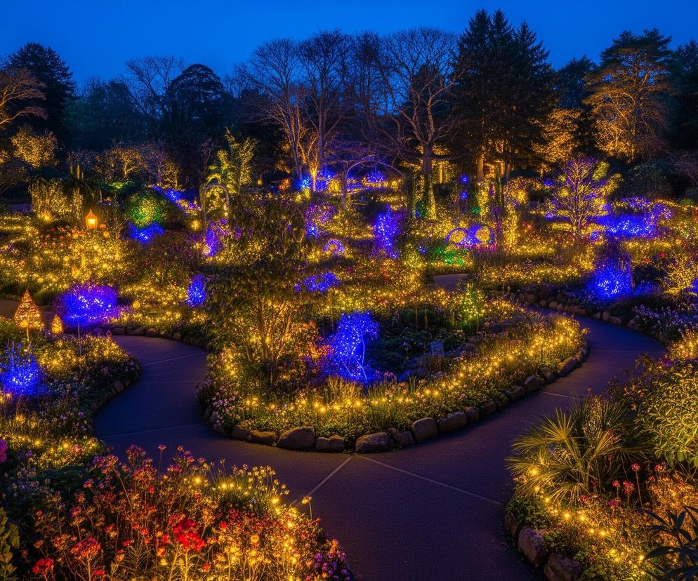 Rozświetlony ogród nocą ukazuje kręte ścieżki i intensywnie udekorowane rośliny. Liczne ciepłe, żółte światełka otulają krzewy i drzewa, tworząc świetliste obrysy, podczas gdy niebieskie światła podkreślają wybrane kępy roślin, dodając kontrastu. Wysokie, ciemne drzewa w tle są również subtelnie oświetlone, a gdzieniegdzie pojawiają się intensywne zielone akcenty świetlne. Całość jest skąpana w granatowym świetle wieczornego nieba, które stanowi tło dla tej feerii barw i świateł.