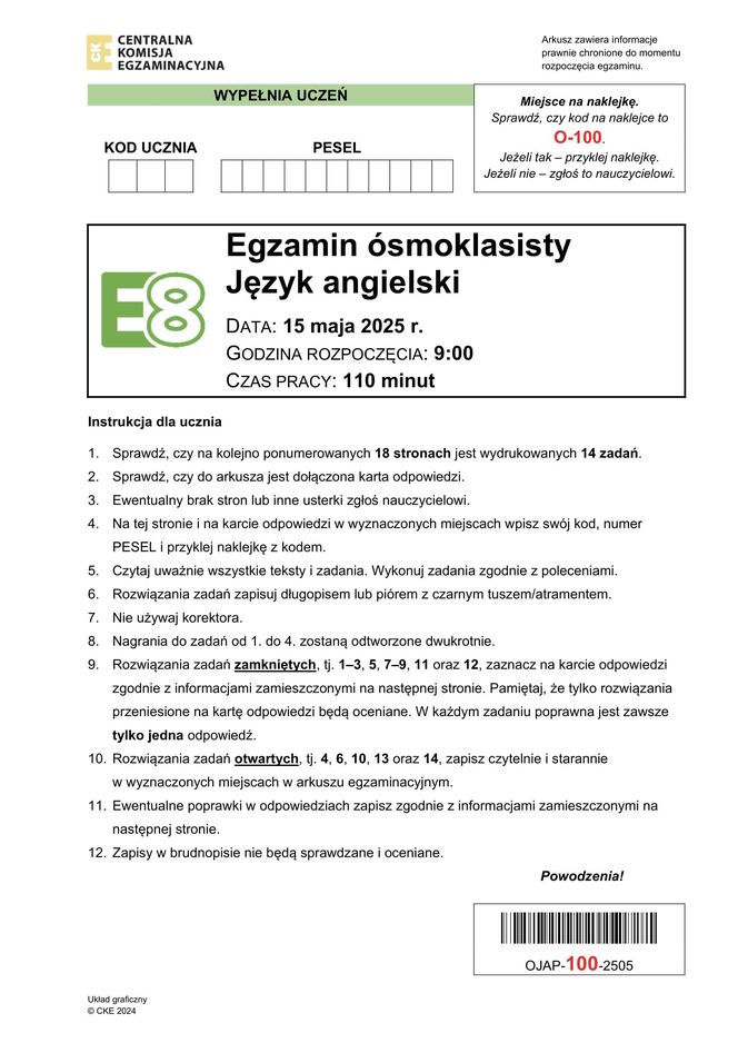 Egzamin ósmoklasisty język angielski 2025: ARKUSZE CKE [15.05.2025]