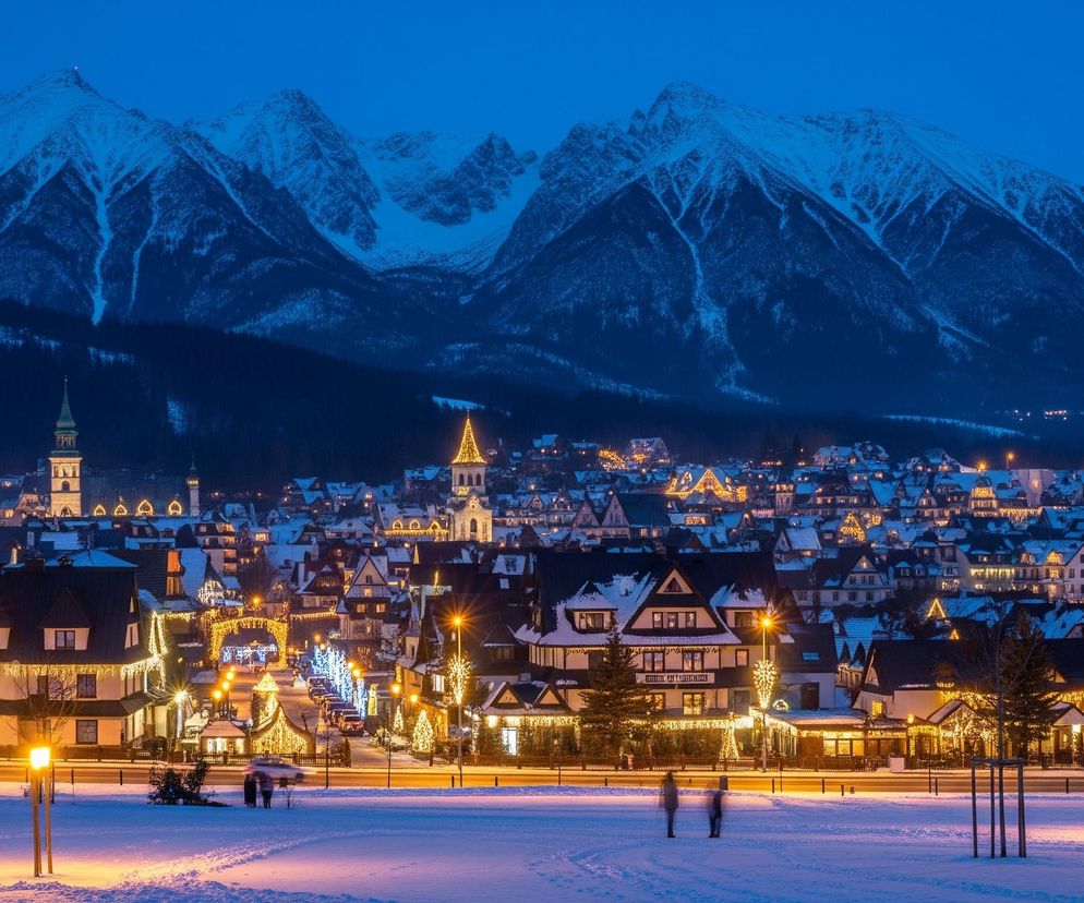 Ośnieżona górska miejscowość nocą rozciąga się w poprzek kadru, z ciemnym, ale rozświetlonym przez złote światła miasteczkiem na pierwszym planie i rozległymi, ośnieżonymi szczytami górskimi w tle. W centrum miasta dominuje ulica ozdobiona licznymi girlandami świetlnymi i choinkami, tworząc ciepły, świąteczny nastrój. Dwa kościoły z wieżami wyróżniają się w panoramie, a jeden z nich ma szpiczastą, zieloną wieżę, a drugi bardziej masywną, kamienną konstrukcję. Na ośnieżonym placu na pierwszym planie, oświetlonym latarniami o ciepłym świetle, widoczne są rozmyte sylwetki kilku osób.