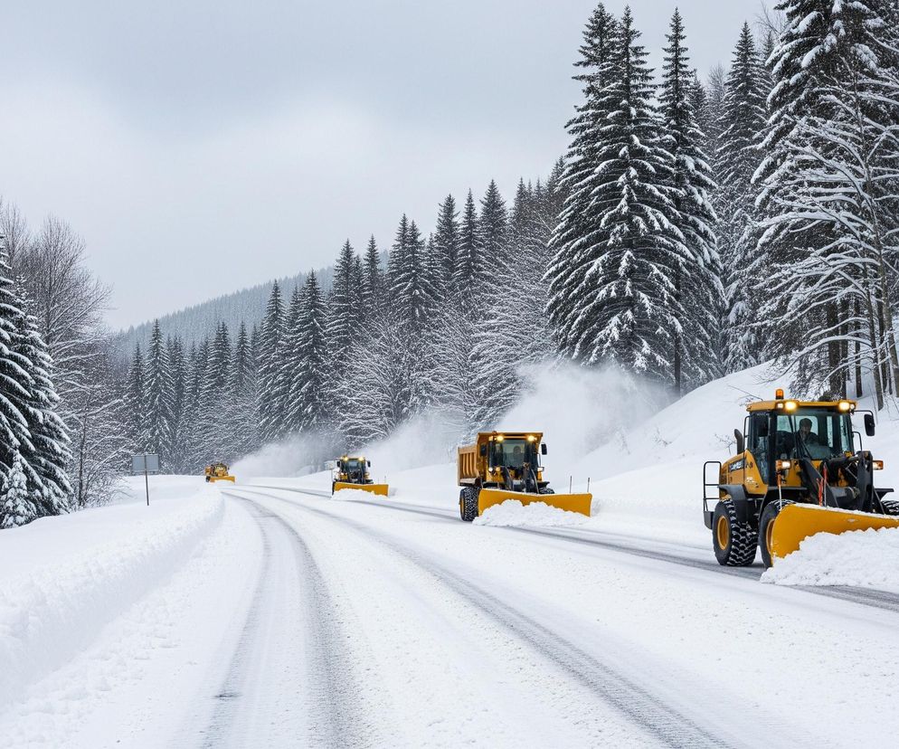 Cztery żółte pługi śnieżne, poruszające się w kolumnie, odśnieżają drogę pokrytą grubą warstwą białego śniegu. Pług najbliżej, po prawej stronie, aktywnie spycha śnieg, tworząc za sobą obłok śnieżnego pyłu. Droga prowadzi przez zimowy krajobraz z obu stron otoczony wysokimi, iglastymi drzewami, gęsto pokrytymi śniegiem, a w tle widać lekko pochmurne, jasnoszare niebo.