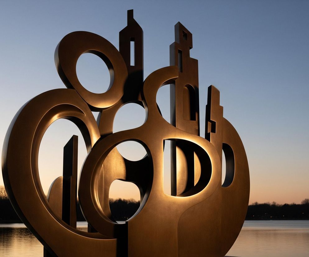 Centralnie umiejscowiona jest duża, geometryczna rzeźba w kolorze ciemnego brązu lub miedzi, składająca się z połączonych ze sobą elementów o różnorodnych kształtach, w tym okręgów i prostokątów z wycięciami. Część wycięć w rzeźbie jest wewnętrznie podświetlona ciepłym, żółto-pomarańczowym światłem, tworząc kontrast z ciemnymi powierzchniami materiału. Rzeźba stoi na tle jeziora lub dużego zbiornika wodnego, którego powierzchnia odbija subtelne odcienie zachodzącego słońca, tworząc delikatne fale światła. Nad horyzontem rozpościera się niebo w barwach przechodzących od jasnego błękitu na górze do bladożółtego i pomarańczowego tuż nad linią horyzontu. Daleko w tle, za wodą, widoczna jest ciemna linia drzew bez liści, ukazujących gołe gałęzie.