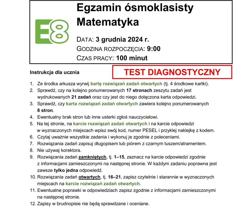 Próbny egzamin ósmoklasisty – ARKUSZ ZADAŃ MATEMATYKA