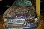 Wypadek pod Sieniawką. Audi roztrzaskało się na słupie
