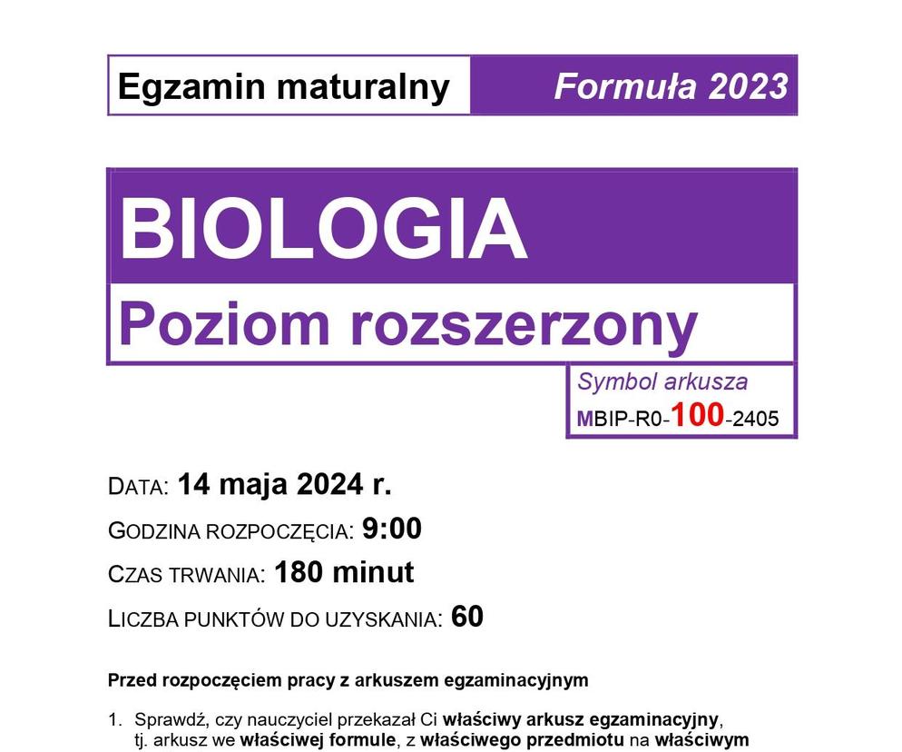 Biologia arkusze MATURA 2024 rozszerzenie FORMUŁA 2023