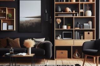 Drewniany regał w ciemnym salonie