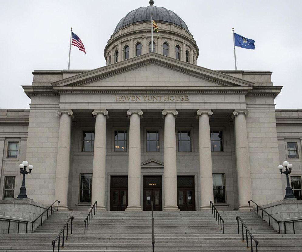 Centralnym elementem jest duży, monumentalny budynek w kolorze jasnoszarym, zbudowany w stylu klasycystycznym, z frontonem wspartym na sześciu kolumnach. Nad kolumnami znajduje się napis HOVEN TUNT HOUSE złotymi literami, a wyżej widoczna jest kopuła z ciemnym dachem. Przed budynkiem prowadzą szerokie, kamienne schody z czarnymi poręczami, a po ich bokach stoją stylizowane latarnie uliczne z trzema kulistymi kloszami każda. Na dachu budynku powiewają dwie flagi na masztach: po lewej stronie flaga Stanów Zjednoczonych, a po prawej niebieska flaga z żółtym wzorem. Całość sfotografowana jest pod pochmurnym, jasnoszarym niebem.