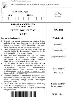 Matura 2012 - informatyka, poziom rozszerzony