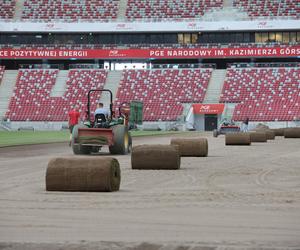 Rozkładanie murawy na Stadionie Narodowym