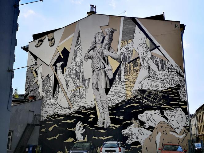 Mural "Hermes prowadzący bohaterów do Hadesu" na rogu ul. Grzegórzeckiej i Chodkiewicza