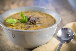 Cytrynowa zupa ze świeżych grzybów leśnych lub pieczarek z mięsną wkładką