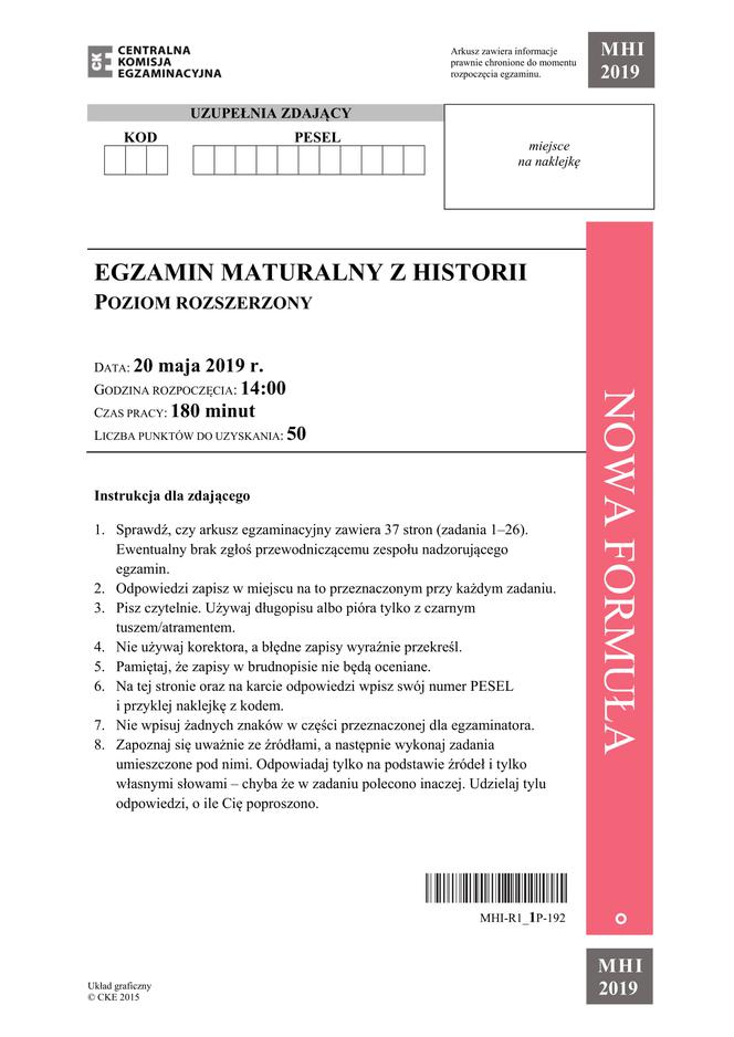 Matura 2019. Historia poziom rozszerzony. Arkusz CKE