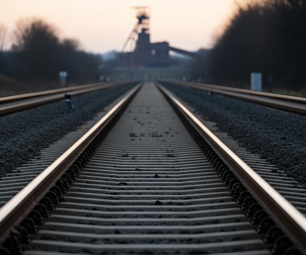 Dwa równoległe tory kolejowe, składające się z jasnoszarych szyn i ciemniejszych podkładów, biegną przez środek kadru w kierunku horyzontu. Przestrzeń między torami i po ich zewnętrznych stronach wypełniona jest ciemnym, drobnoziarnistym żwirem. Na dalekim tle, rozmyta sylwetka ciemnej, przemysłowej konstrukcji, prawdopodobnie wieży wydobywczej, góruje nad linią horyzontu, gdzie niebo ma ciepły, pastelowy odcień zachodzącego słońca. Po obu stronach torów widoczne są ciemne, rozmyte kontury drzew i krzewów.