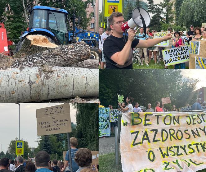 Protest mieszkańców przeciwko wycince drzew pod budowę linii tramwajowej do Mistrzejowic.