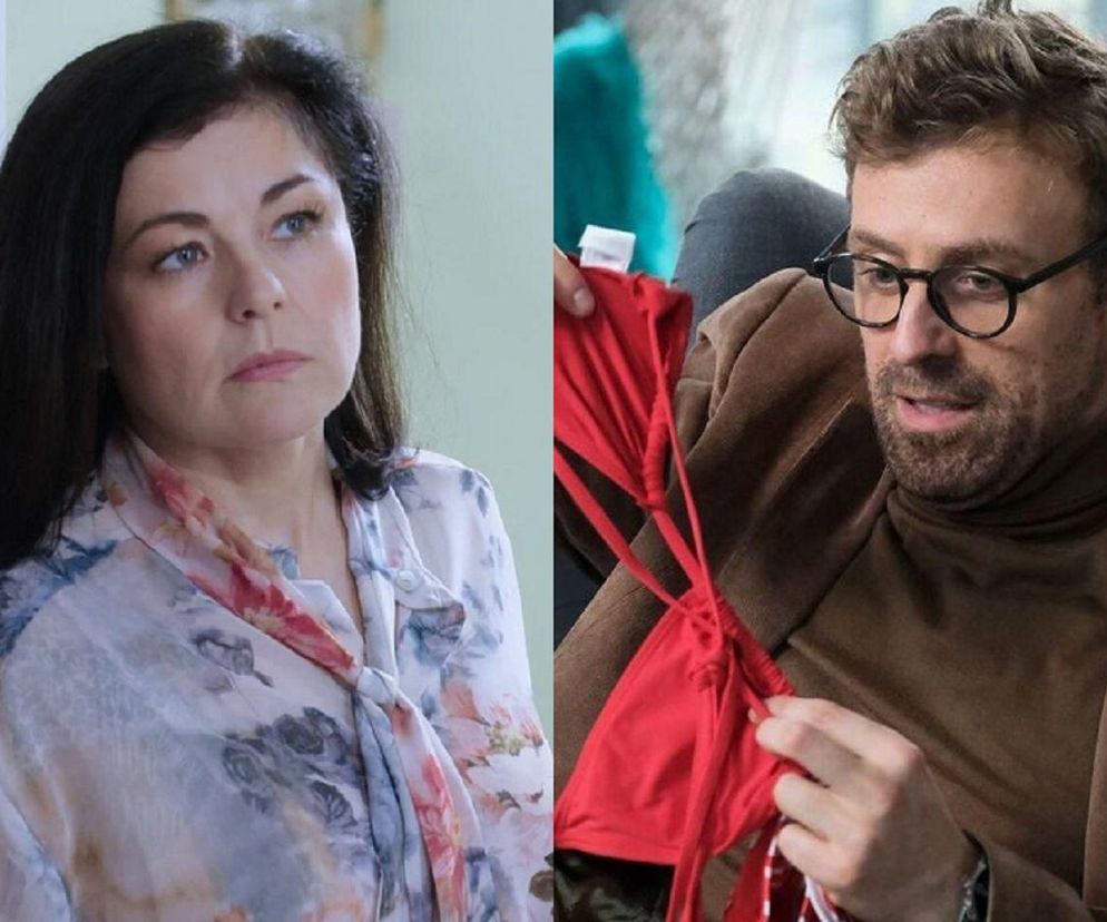 Katarzyna Cichopek (Kinga) w kwiecistej koszuli, smutna i zamyślona, oraz Mateusz Rusin (Darek Hoffman) w okularach i brązowym golfie, trzymający w rękach czerwoną bieliznę. To dramatyczny kadr z serialu M jak miłość, o którym więcej przeczytasz na Super Seriale.