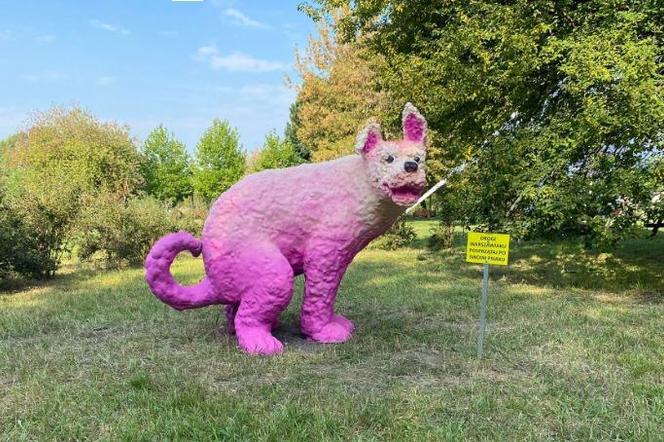 Wielki różowy pies w dziwnej pozie. Kuriozalna rzeźba w parku na Ochocie. O co tu chodzi?