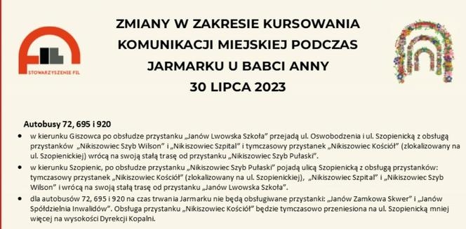 Zmiany w rozkładach jazdy w czasie Jarmarku u Babci Anny dla mieszkańców Nikiszowca