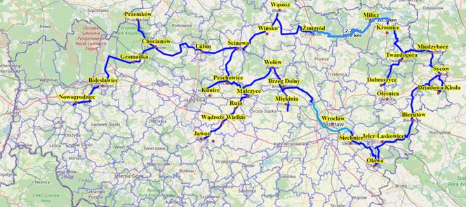 Planowany przebieg Dolnośląskiej Autostrady Rowerowej