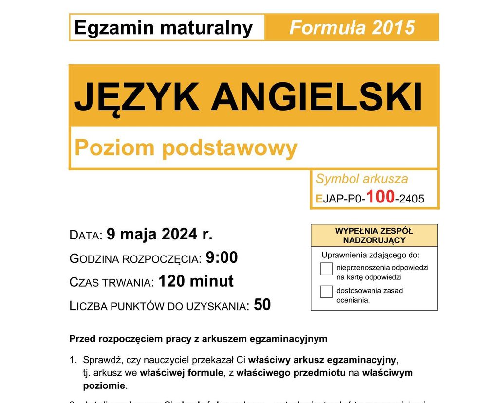 Matura 2024: angielski. Arkusze CKE i odpowiedzi. Poziom podstawowy [Formuła 2015]