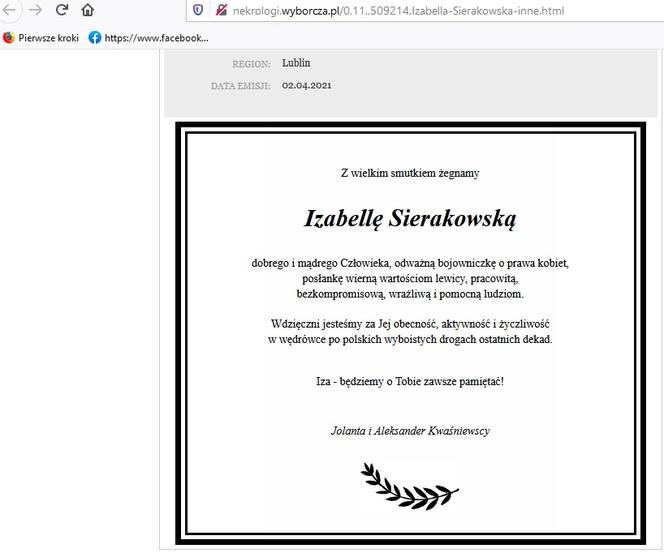 Nekrolog Izabelli Sierakowskiej