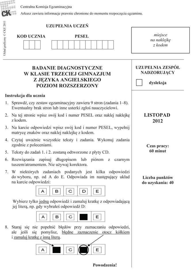 Próbny egzamin gimnazjalny 2013 - język angielski poziom rozszerzony