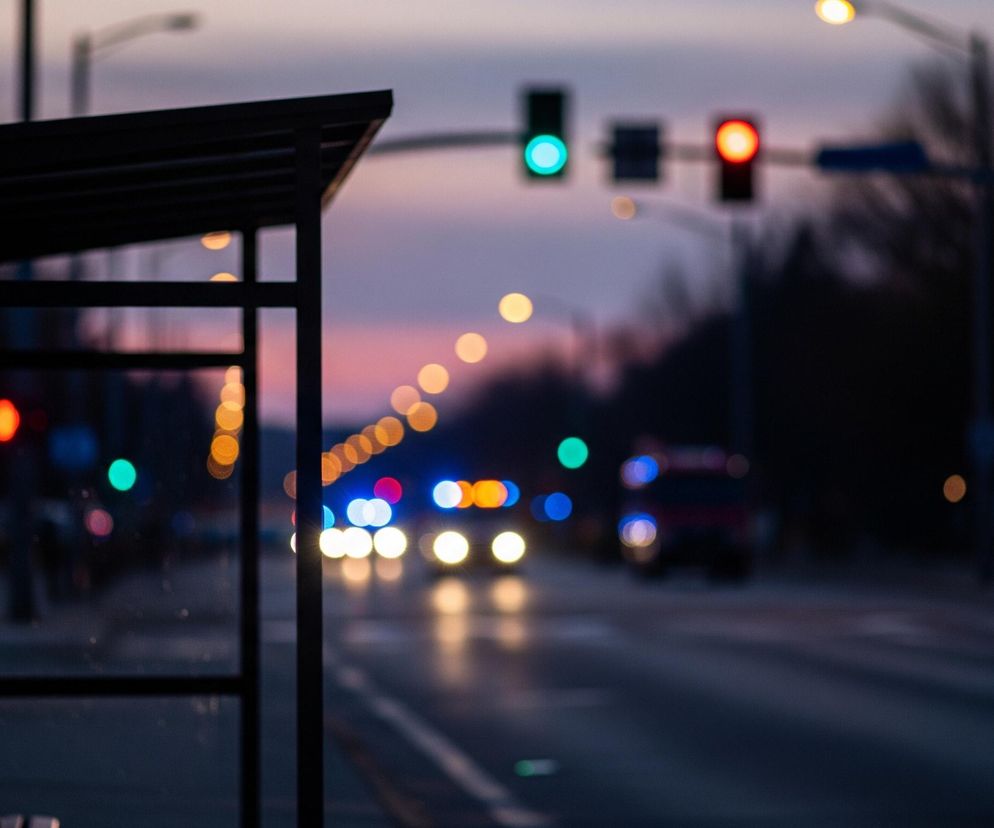 Na pierwszym planie, z lewej strony, widoczna jest ciemna sylwetka wiaty przystanku autobusowego, której struktura rzuca cień. W tle rozciąga się miejski krajobraz o zmierzchu, z rozmazanymi światłami samochodów i latarni ulicznych, tworzącymi efekt bokeh. Na niebie widać mieszaninę odcieni fioletu i różu, przechodzącą w ciemny błękit. Po prawej stronie, w oddali, dostrzegalne są rozmyte światła sygnalizacji świetlnej – jedno zielone i jedno czerwone – oraz zarysy drzew i budynków.