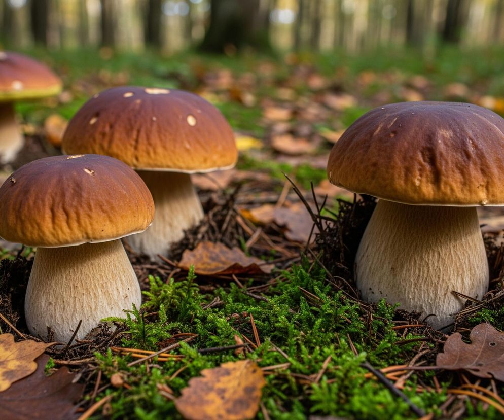 Na pierwszym planie widoczne są cztery borowiki szlachetne, rosnące na zielonym mchu. Mają brązowe kapelusze o różnych odcieniach i białe, grube trzony. Wokół nich leżą suche, jesienne liście w odcieniach brązu i żółci, oraz igliwie. Tło stanowi rozmyty las z niewyraźnymi drzewami i zielono-brązowym podłożem.