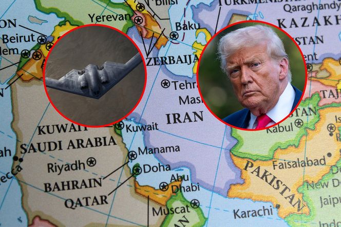 Trump, mapa Iranu, bombowiec B-2