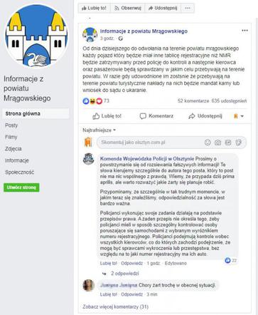 Screen posta z FB Informacje z powiatu Mrągowskiego