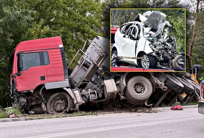 Makabra na drodze pod Grójcem. Osobowe suzuki czołowo zderzyło się z ciężarówką