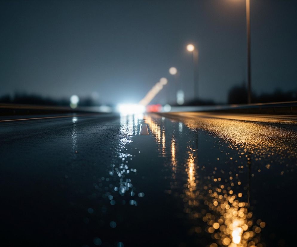 Mokra asfaltowa nawierzchnia drogi z widoczną linią przerywaną pośrodku, biegnącą w głąb obrazu. Na niej odbijają się rozmyte światła uliczne i reflektory pojazdów, tworząc smugi i punkty świetlne. Złote refleksy dominują po prawej stronie jezdni, a białe i niebieskawe po lewej, rozświetlając ciemne tło składające się z niewyraźnych sylwetek drzew i słupów latarni.