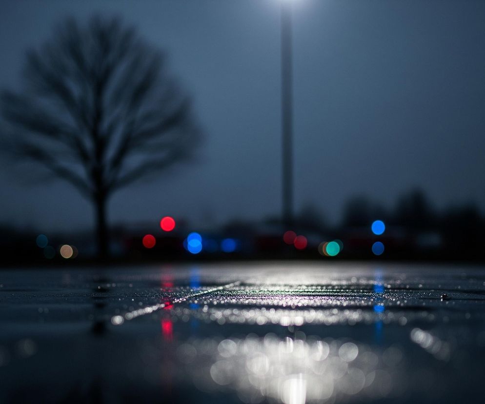 Pofalowana, mokra nawierzchnia zajmuje dolną połowę obrazu, z wyraźnymi kroplami wody na pierwszym planie, odbijającymi jasne, rozmyte światła w odcieniach czerwieni, błękitu i bieli. Górna połowa przedstawia rozmyte tło z ciemnym, bezlistnym drzewem po lewej stronie i smukłą latarnią uliczną po prawej, której jasne światło dominuje nad niebem o odcieniu ciemnego błękitu. Całość tworzy nastrojową scenę oświetloną punktowo, z ogólnym wrażeniem wieczornego lub nocnego klimatu.