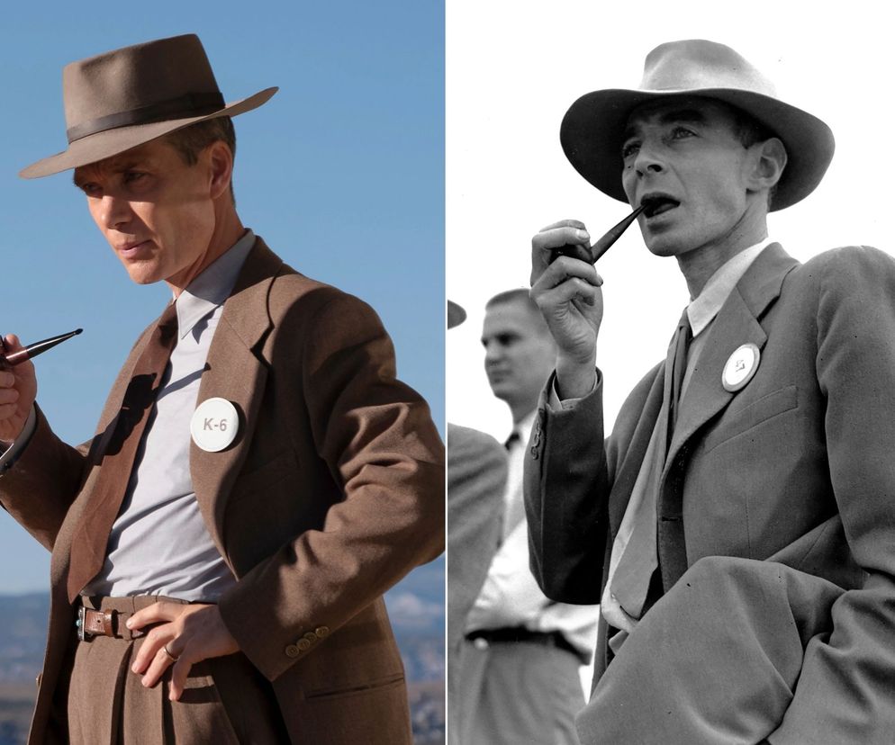 THIS IMAGE RELEASED BY UNIVERSAL PICTURES SHOWS CILLIAN MURPHY AS DR. J. ROBERT OPPENHEIMER IN A SCENE FROM OPPENHEIMER, LEFT, AND PHYSICIST DR. J. ROBERT OPPENHEIMER ON THE TEST GROUND FOR THE ATOMIC BOMB NEAR ALAMOGORDO, N.M., ON SEPT. 9, 1945. (UNIVERSAL PICTURES VIA AP, LEFT, AND AP PHOTO)