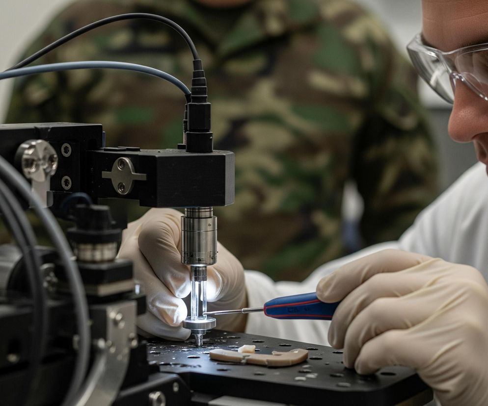 Mężczyzna w okularach ochronnych i białym kitlu, z beżowymi rękawiczkami, precyzyjnie operuje narzędziami nad czarną płytą roboczą z otworami. Jego lewa ręka trzyma mechanizm z wbudowanym źródłem światła, oświetlającym mały obiekt. Prawa ręka manipuluje niebiesko-czerwonym narzędziem nad tym samym obszarem. W tle widoczna jest niewyraźna postać w mundurze maskującym.