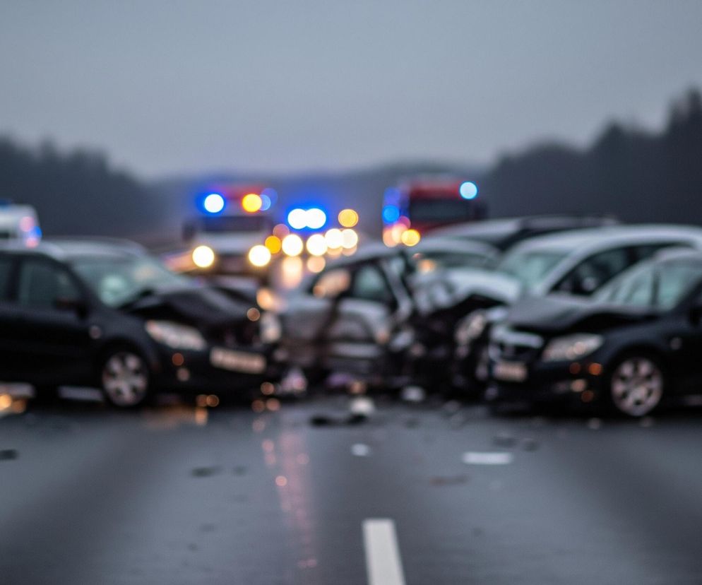 Rozmazaną scenę wypadku drogowego, gdzie kilka samochodów zderzyło się ze sobą na ciemnym asfalcie. Dominują ciemne kolory, a na pierwszym planie widoczne są czarne i ciemnoszare pojazdy z widocznymi uszkodzeniami przodów. W tle, również rozmyte, pojawiają się światła awaryjne pojazdów służb ratunkowych – czerwone i niebieskie migoczące punkty oraz jasne, rozproszone światła. Całość sprawia wrażenie pochmurnego dnia lub zmierzchu.
