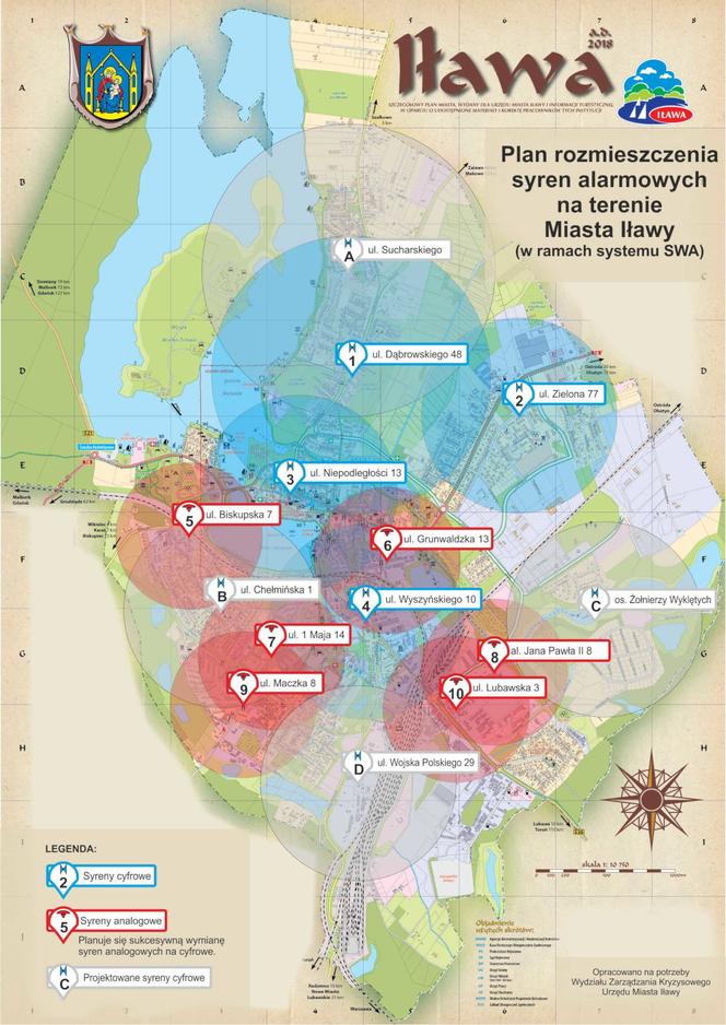 Mapa rozmieszczenia syren alarmowych w Iławie