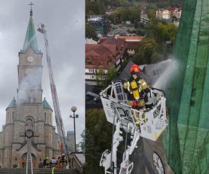 Dym przy Sanktuarium Świętej Rodziny na Krupówkach. Ćwiczenia strażaków w Zakopanem