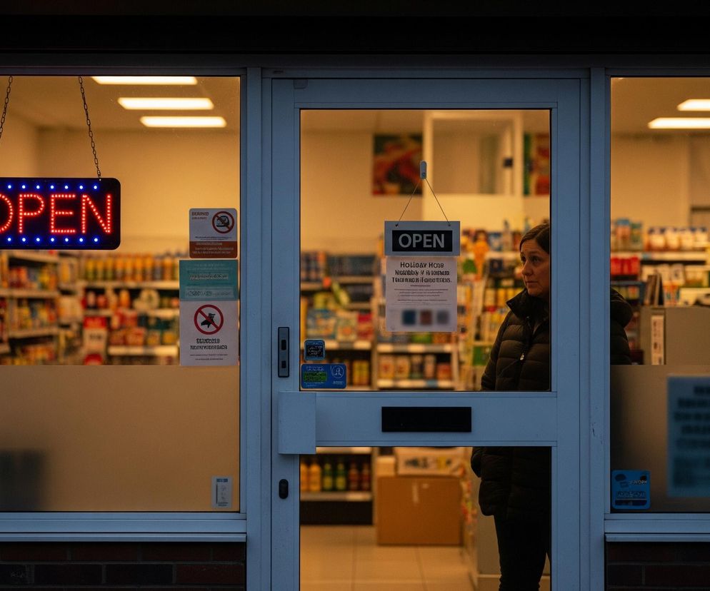 Przez szklane drzwi i witrynę sklepową widać jasno oświetlone wnętrze sklepu spożywczego, pełne regałów z różnorodnymi produktami. Na lewej szybie witryny, u góry, wisi podświetlany neon z czerwonym napisem OPEN i niebieskimi kropkami po bokach. Pomiędzy drzwiami wejściowymi a lewą witryną, na szybie, umieszczone są różne tabliczki informacyjne, w tym jedna z przekreślonym symbolem latania, sugerującym zakaz. Wewnątrz sklepu, za drzwiami, stoi kobieta w ciemnej puchowej kurtce, patrząca w prawo. Jej twarz jest częściowo oświetlona, a reszta sylwetki pozostaje w półcieniu. Dolna część witryn i drzwi jest częściowo zasłonięta matową folią, a cała fasada osadzona jest w ciemnej ceglanej ścianie.