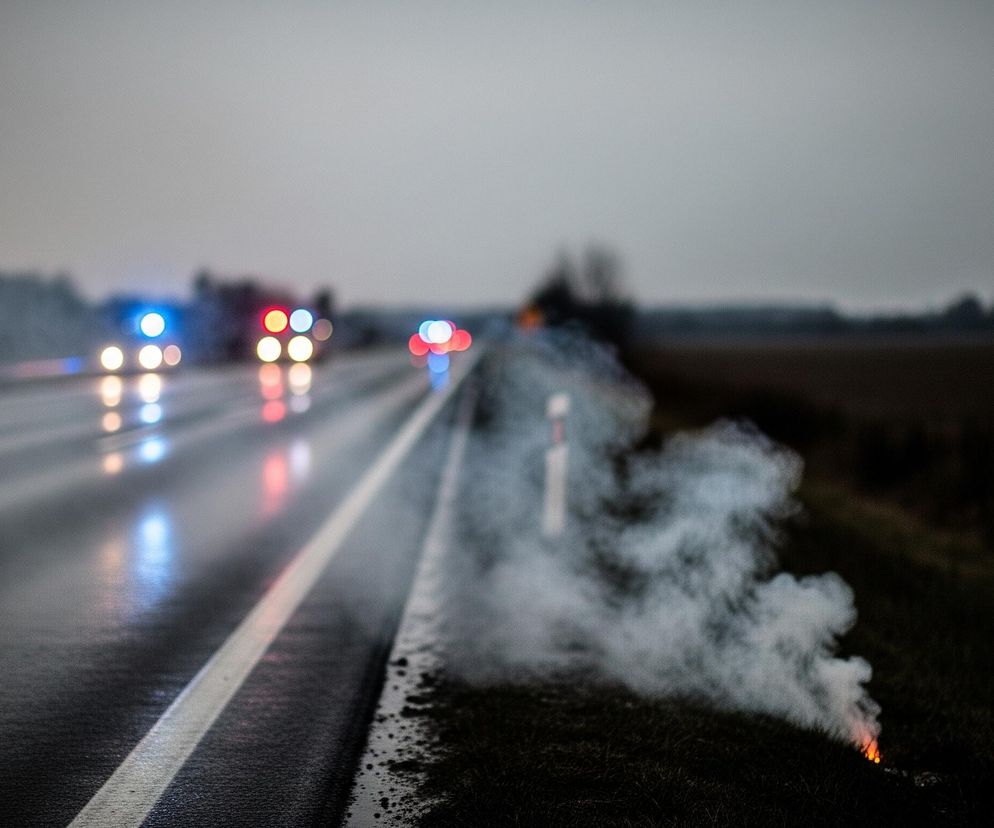 Prawa strona zdjęcia przedstawia płonący, dymiący sygnał ostrzegawczy o pomarańczowo-czerwonej barwie, umieszczony na skraju drogi, w zarośniętym trawą poboczu. Droga, pokryta lśniącą warstwą wody, biegnie ukośnie przez centrum kadru, oddzielona od pobocza białą linią ciągłą. Na drodze, w tle, widoczne są rozmyte światła pojazdów: z lewej strony dominują niebieskie i żółte, a z prawej czerwone i niebieskie. Pochmurne, szare niebo zajmuje górną część obrazu, a w oddali majaczą ciemne sylwetki drzew.