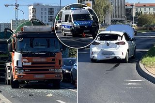 Szambiarka rozszczelniła się po zderzeniu z oplem. Kobieta trafiła do szpitala