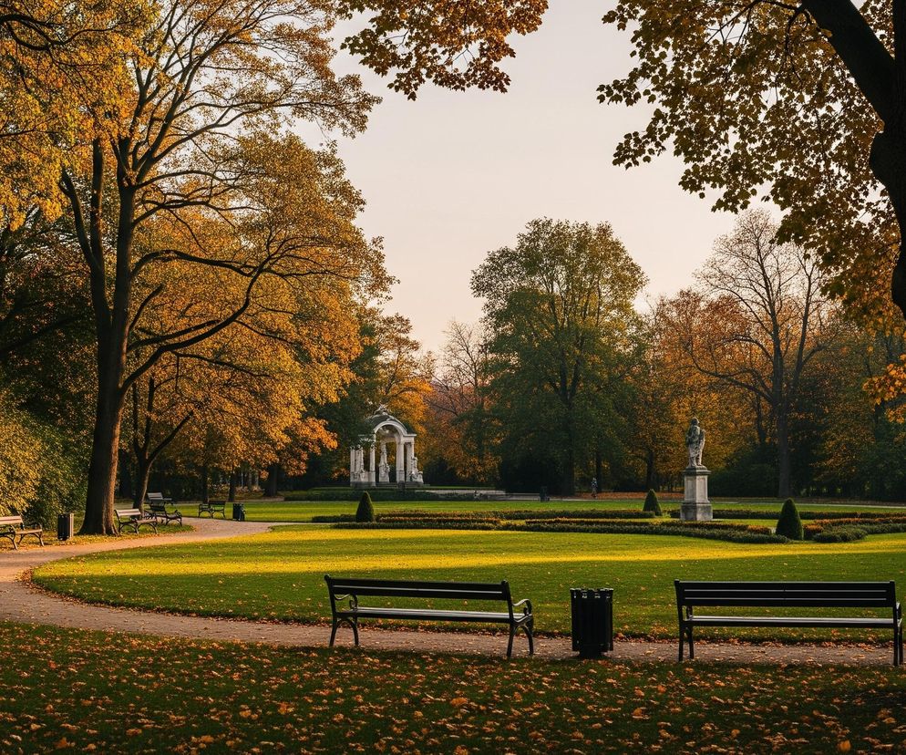 Rozległy park tonie w jesiennych barwach, dominują odcienie złocistożółtych i pomarańczowych liści drzew, które częściowo już opadły, pokrywając trawnik. Centralnie rozciąga się duża, zielona połać trawy, otoczona alejkami i gęstą roślinnością. Na dalszym planie, w centrum, znajduje się biały, otwarty pawilon parkowy, a po jego prawej stronie widoczna jest jasna rzeźba na postumencie. Przed centralnym trawnikiem, po obu stronach ścieżki, stoją czarne ławki parkowe oraz kosz na śmieci, a po lewej stronie obrazu widać również latarnię.