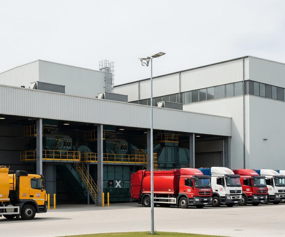 Przed budynkiem z jasnoszarych paneli, posiadającym duże, otwarte wnęki, stoi rząd samochodów ciężarowych. Po lewej stronie widoczna jest żółta śmieciarka, a po prawej wzdłuż fasady budynku zaparkowanych jest kilkanaście śmieciarek w różnych kolorach: czerwonym, białym, niebieskim i żółtym. Wewnątrz otwartych wnęk budynku widać ciemnozielone maszyny przemysłowe z żółtymi barierkami i schodami. Na pierwszym planie pośrodku kadru znajduje się pojedyncza latarnia uliczna.