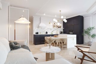 72-m apartament na Woli Justowskiej. Czarna kuchnia, spiek kwarcowy, złote dodatki i francuska jodełka