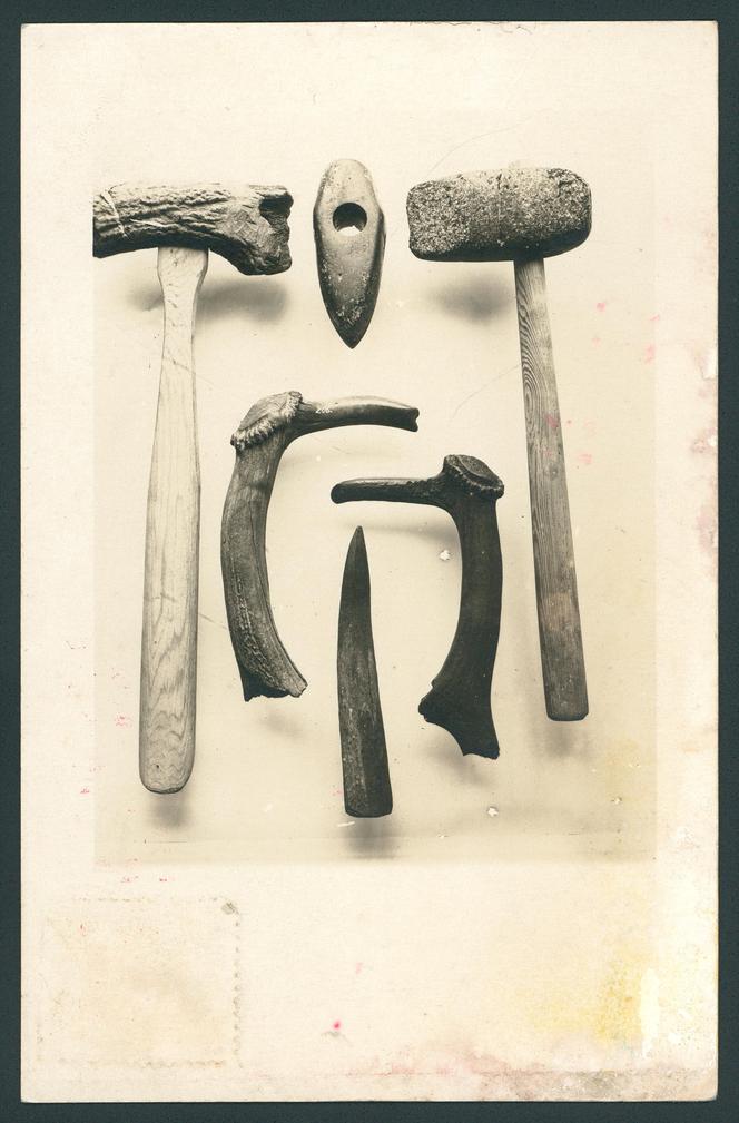 Odkryte w trakcie prac narzędzia: kamienne siekiery, zagadkowe „motyki” z rogu jelenia  oraz nóż rogowy. 