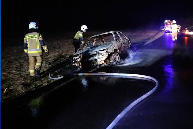 Spalone auto na drodze pod Opocznem. W środku zwęglone ciało 54-latka [ZDJĘCIA]