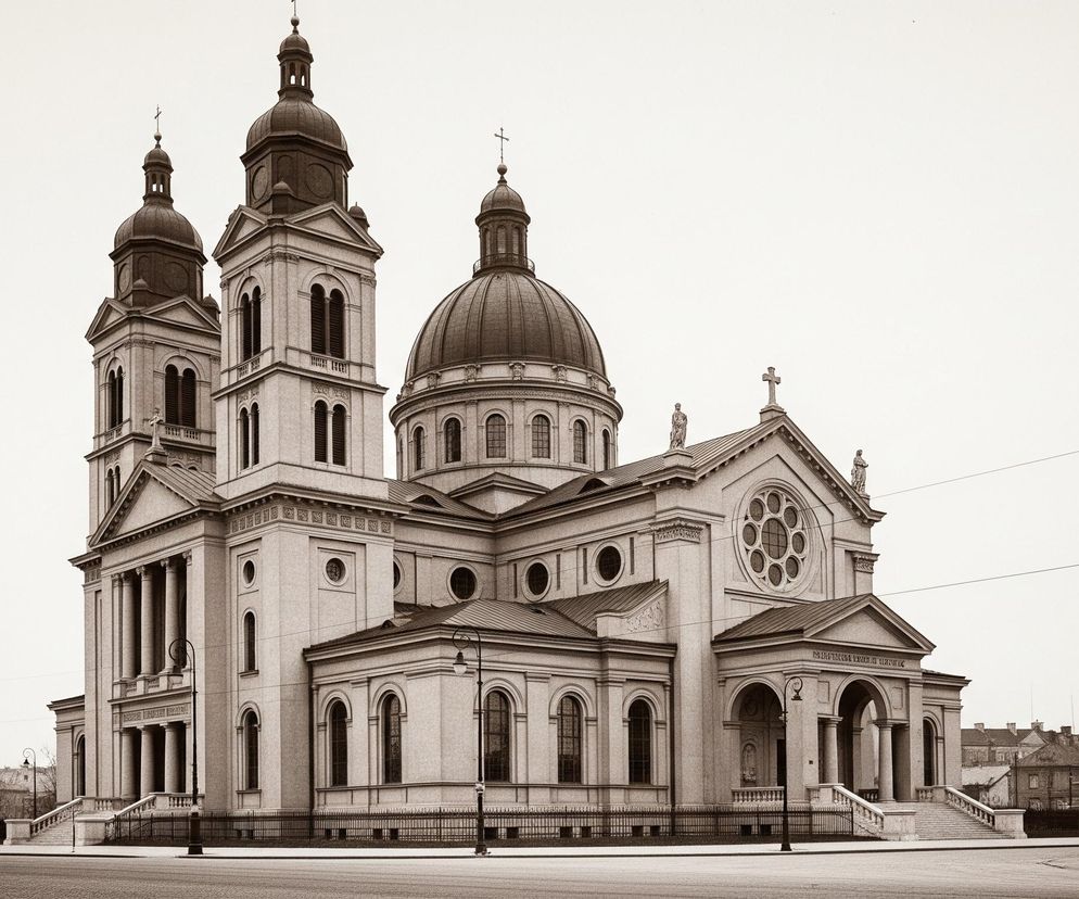 Przedstawiona jest duża, neoklasycystyczna budowla sakralna o jasnej fasadzie, dominująca centrum kadru. Budynek posiada trzy kopuły – dwie mniejsze, umieszczone na wysokich wieżach po lewej stronie, oraz jedną większą, centralną kopułę. Wszystkie kopuły zakończone są iglicami z krzyżami. Fasada frontowa ozdobiona jest portykiem z kolumnami oraz dużym, okrągłym oknem z witrażami. Wzdłuż budynku biegną arkadowe okna, a całość otoczona jest niskim, kutym ogrodzeniem i schodami prowadzącymi do wejść. Ulica przed budynkiem jest wyłożona kostką brukową, a po jej prawej i lewej stronie widoczne są latarnie uliczne z ozdobnymi ramionami. W tle po prawej stronie widać zabudowę miejską, składającą się z rzędów niższych budynków z dachami spadzistymi.