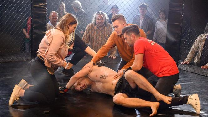 Barwy szczęścia, odc. 2213. Klara (Olga Jankowska), Staś (Olaf Kaprzyk), Hubert (Marek Molak), Ernest (Krystian Kukułka)