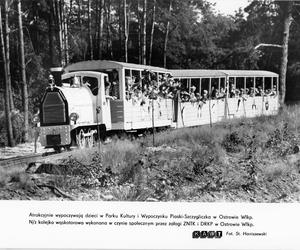 Fotografia z sierpnia 1979 r. prezentująca dzieci w kolejce wąskotorowej wykonanej przez załogę ZNTK i DRKP w Ostrowie Wielkopolskim. APK, Urząd Wojewódzki w Kaliszu