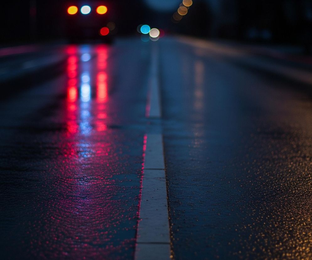 Ulica nocą, oświetlona rozmytymi światłami samochodów i latarni. Centralna, przerywana biała linia wyznacza środek drogi, odbijając światło w kałużach. Po lewej stronie intensywne, rozmazane czerwone i niebieskie refleksy dominują na mokrej nawierzchni, podczas gdy po prawej widoczne są pomarańczowo-złote punkty świetlne. Tło jest ciemne i niewyraźne, z kilkoma rozmywającymi się kolorowymi kółkami świateł.