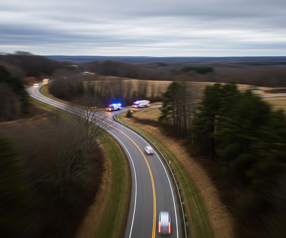 Wąska, kręta droga z dwoma pasami ruchu, oddzielonymi podwójną żółtą linią, przecina pagórkowaty, wiejski krajobraz. Na poboczu drogi, po prawej stronie, stoją dwa pojazdy uprzywilejowane z włączonymi, pulsującymi światłami w kolorach niebieskim i czerwonym. W oddali, wzdłuż drogi, widać kolejne światła w kolorach niebieskim i czerwonym, wskazujące na dłuższą kolumnę pojazdów. Dwa rozmazane srebrne samochody poruszają się po drodze, jeden bliżej widza, a drugi dalej, sugerując ruch. Krajobraz wokół drogi jest pokryty częściowo zieloną trawą, brązową ziemią oraz drzewami o ciemnozielonych igłach i bezlistnymi gałęziami, z dominującym szarym, zachmurzonym niebem w tle.