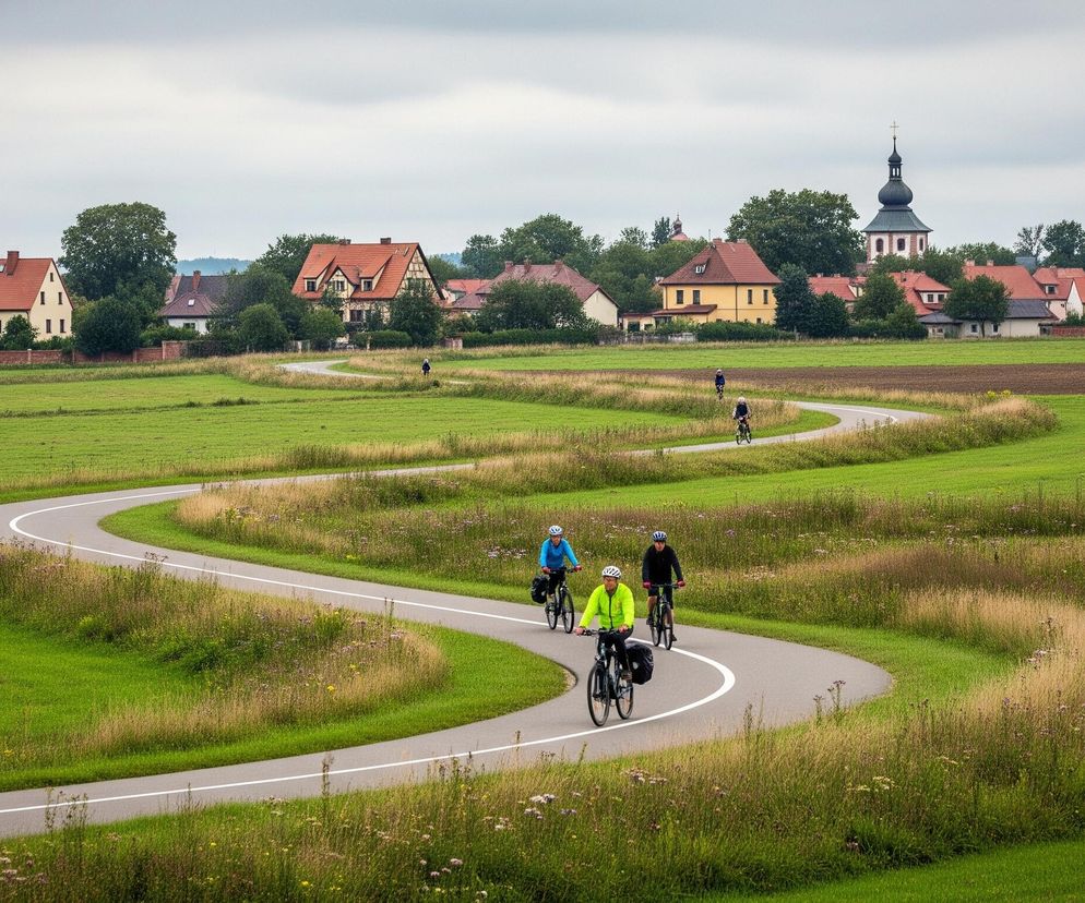 Falista asfaltowa droga z białą linią centralną przecina zielone pola, wiodąc przez krajobraz. Czterech rowerzystów, w kaskach, porusza się nią w różnych odstępach; trzej najbliżsi mają torby przymocowane do rowerów. W tle widać wiejską zabudowę z czerwonymi dachami oraz dwie wieże kościelne, z czego jedna, po prawej stronie, jest ceglana z czarnym spiczastym dachem, a druga, po lewej, ma zieloną kopułę. Niebo jest zachmurzone, a wokół drogi rośnie wysoka trawa i dzikie kwiaty.